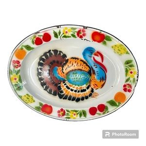 Enamelware Turkey Platter - vintage - oval 18” x 13.5” - bright colors on metal!